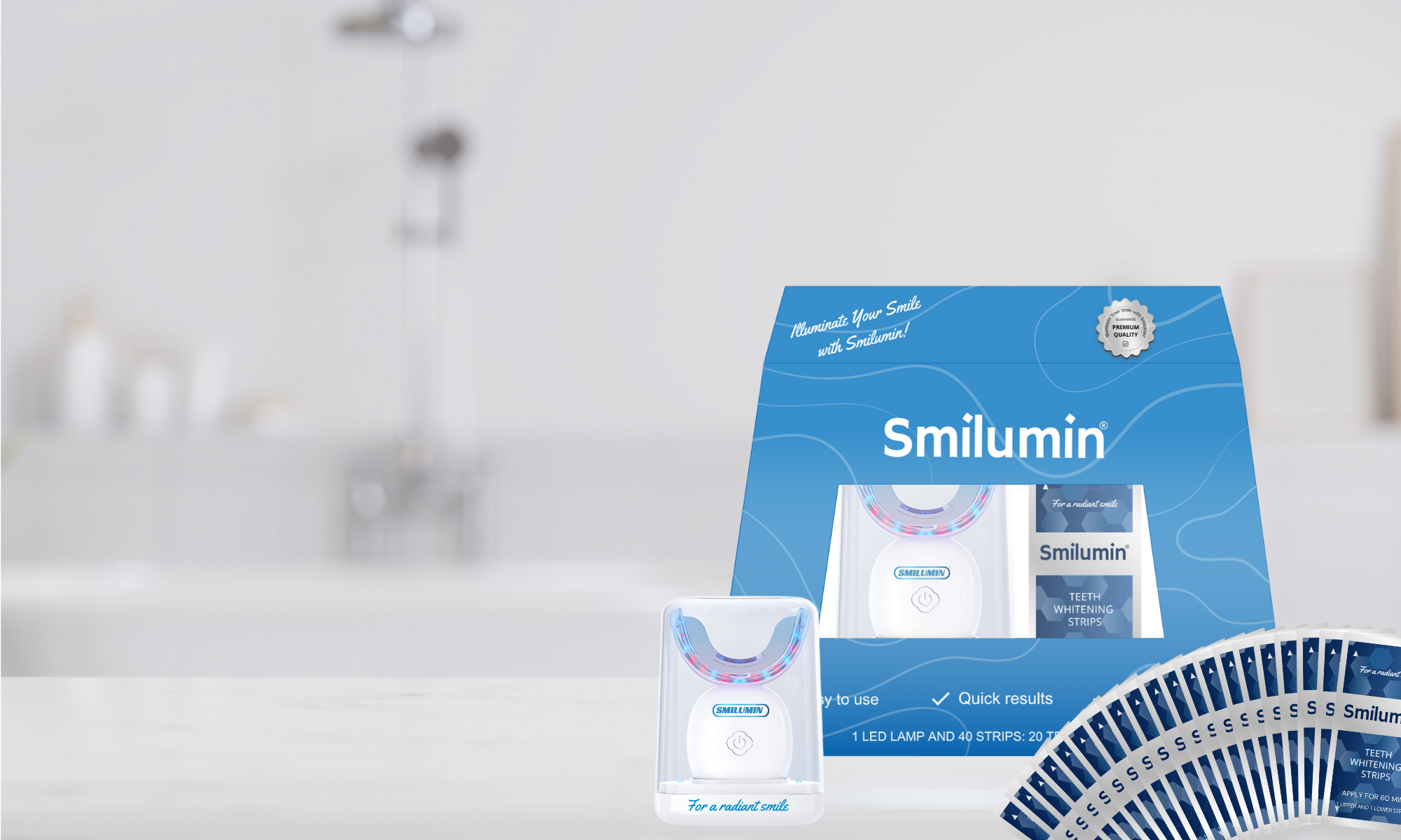 Baner prezentujący zestaw Smilumin do wybielania zębów z lampą LED i paskami — nowoczesny sposób na biały uśmiech w domu